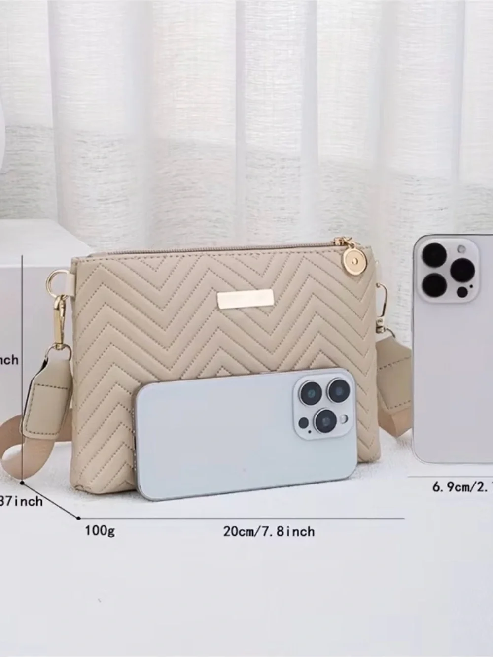 Light weight Beige Quilted Crossbody Bag with Gold Accent